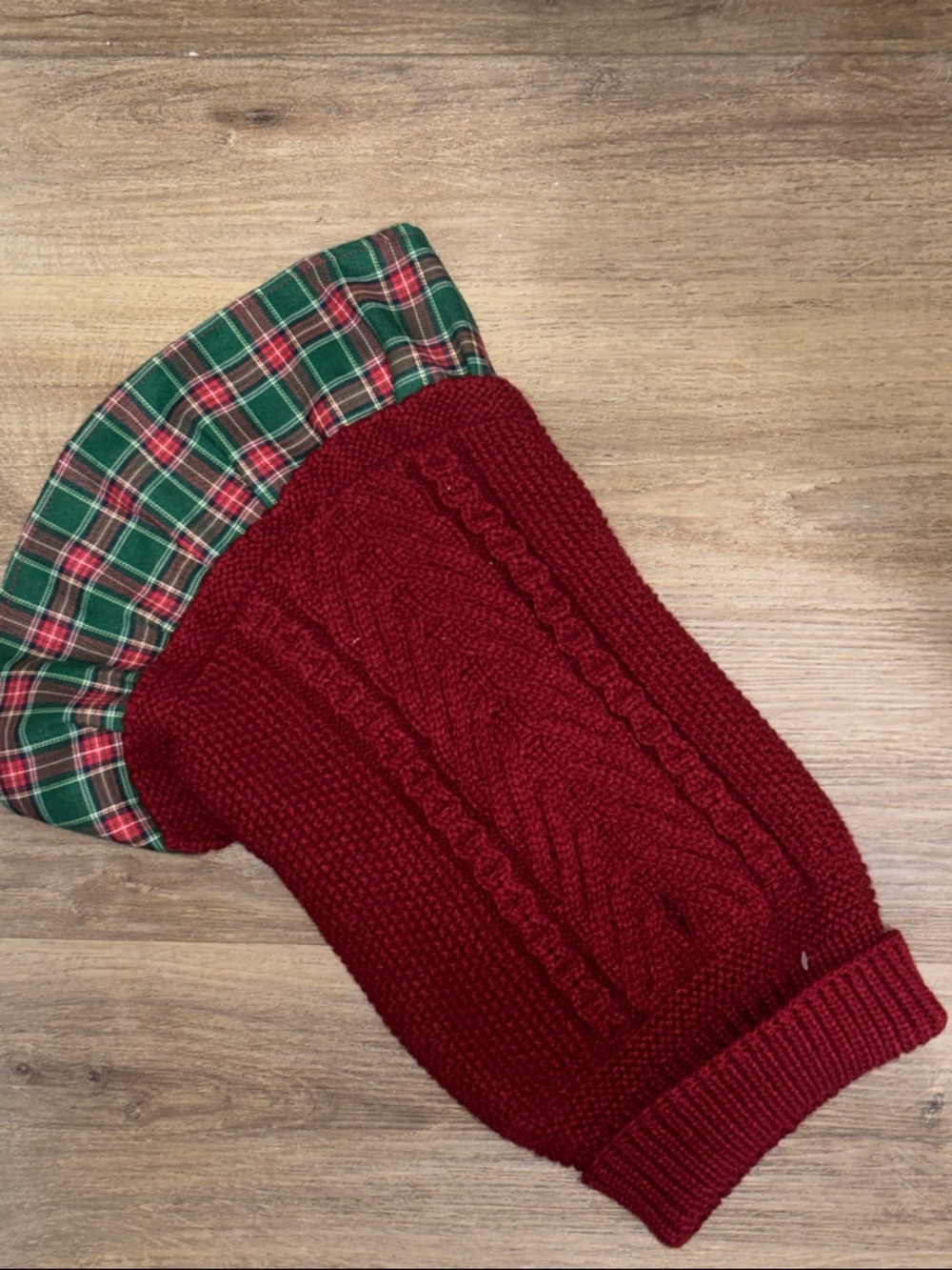 Red Cable Knit Sweater with Green Plaid Ruffle
